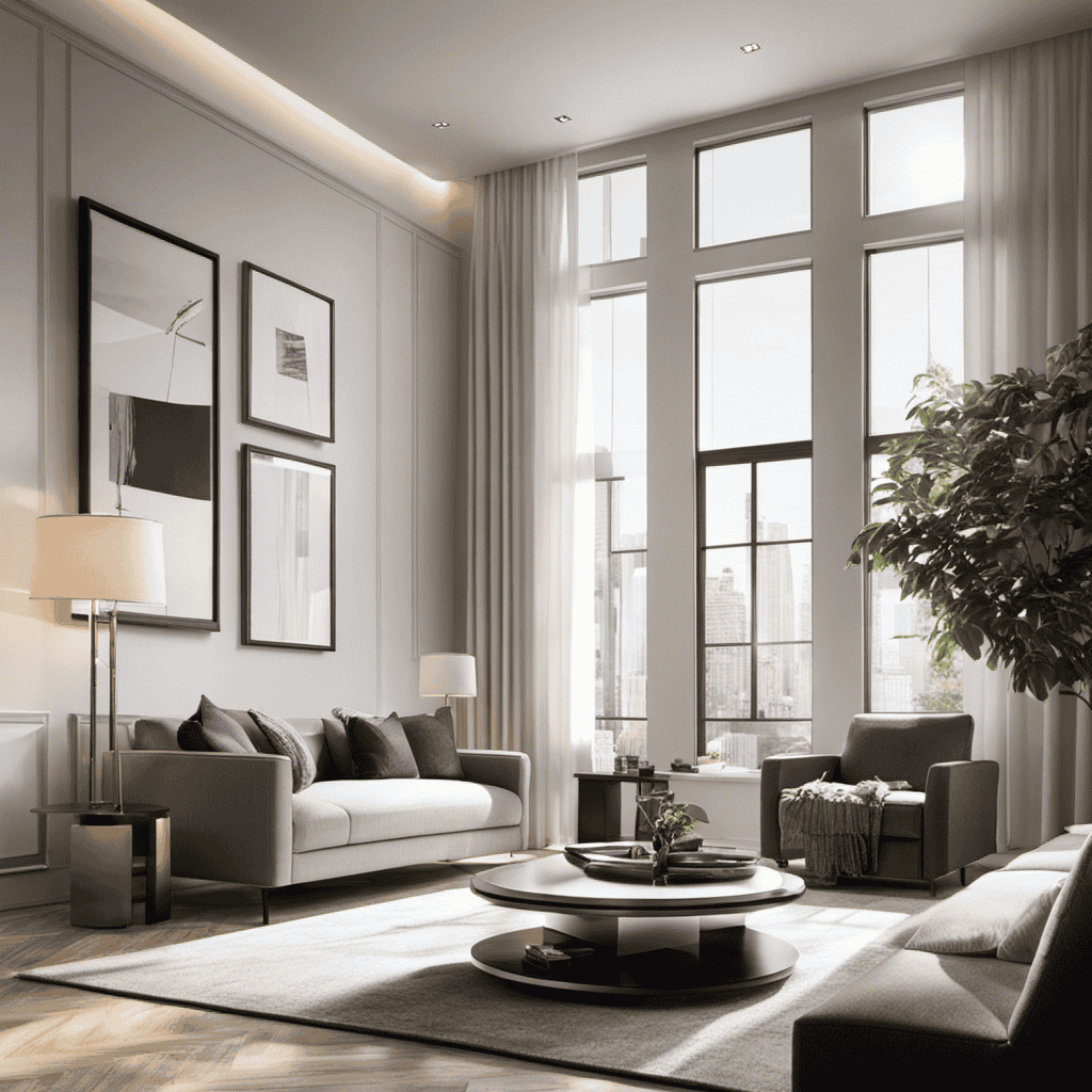 An image showcasing a sleek, modern living room with sunlight streaming through clean windows