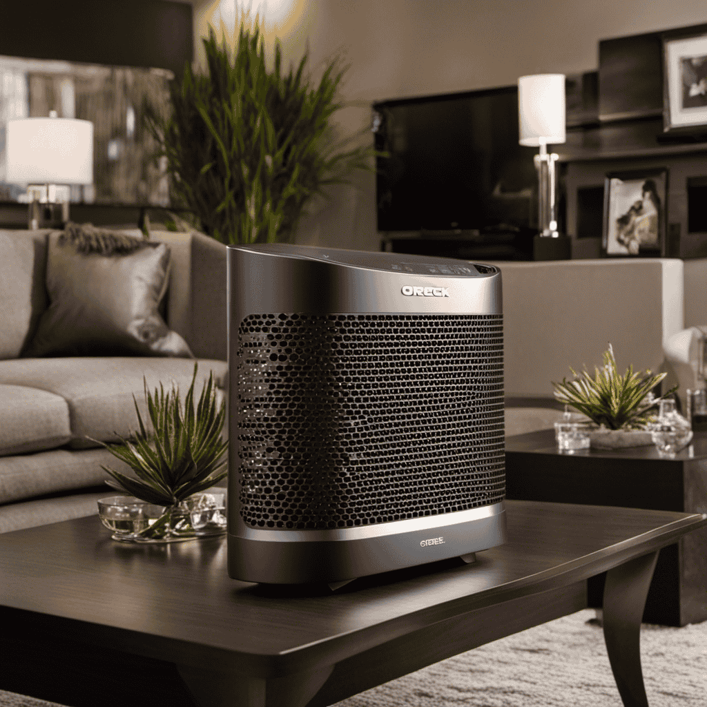 An image that captures the essence of the Oreck Air12gu Gunmetal Tabletop Model Pro Shield Air Purifier being used in a tastefully decorated living room, with its sleek design and advanced filtration system visibly improving the air quality