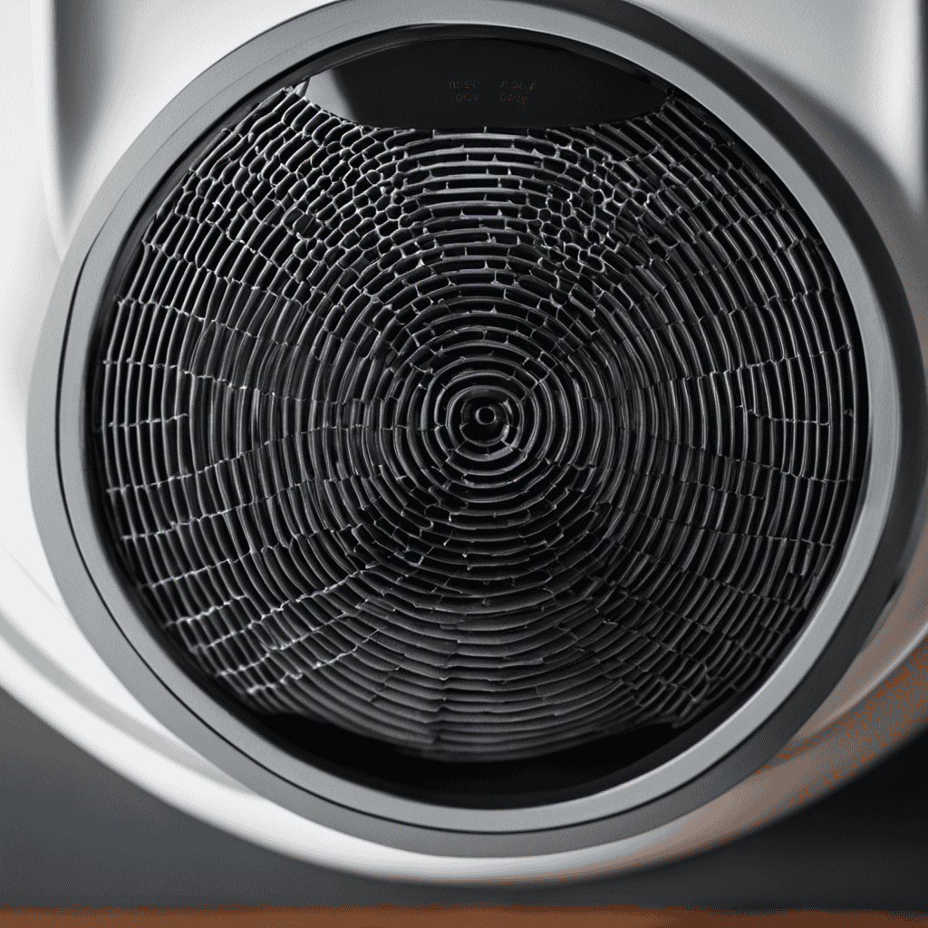 An image showcasing a close-up of a premium True HEPA air purifier filter, highlighting its intricate composition of multiple layers including activated carbon, pre-filter, and true HEPA filter, capturing its effectiveness in removing airborne pollutants