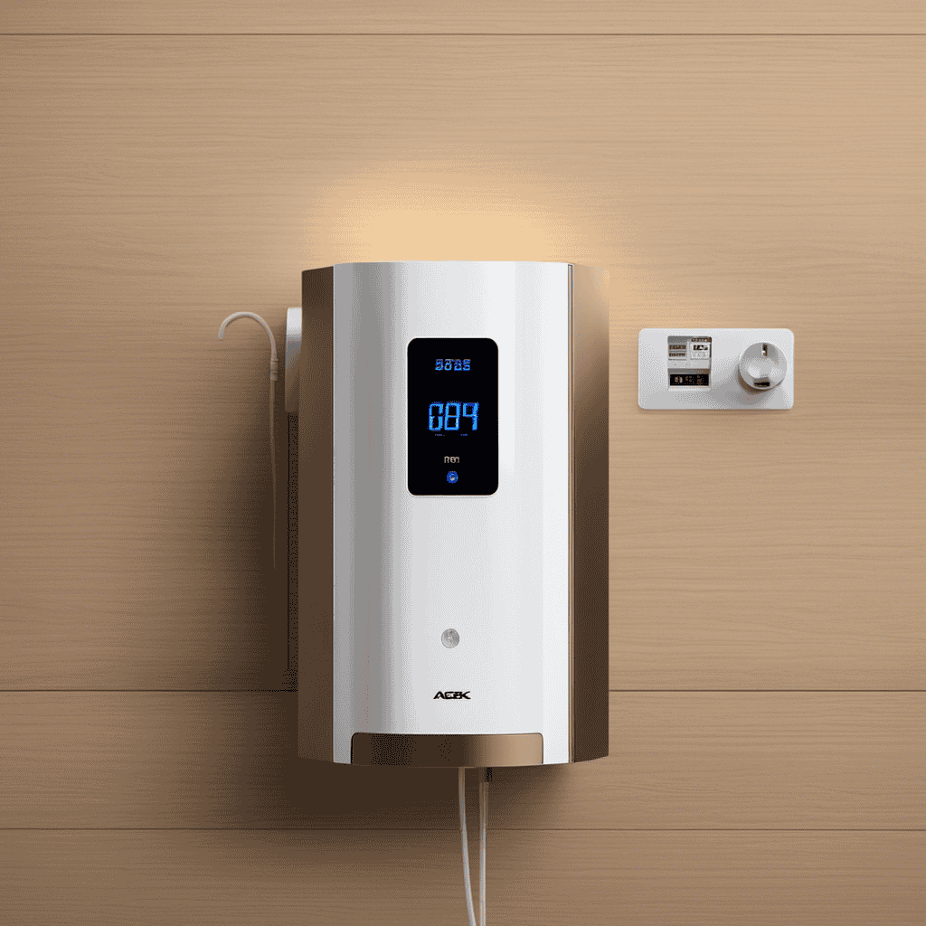 An image showcasing an air purifier plugged into an electrical outlet, displaying a digital power meter with numbers increasing rapidly, emphasizing the device's energy consumption