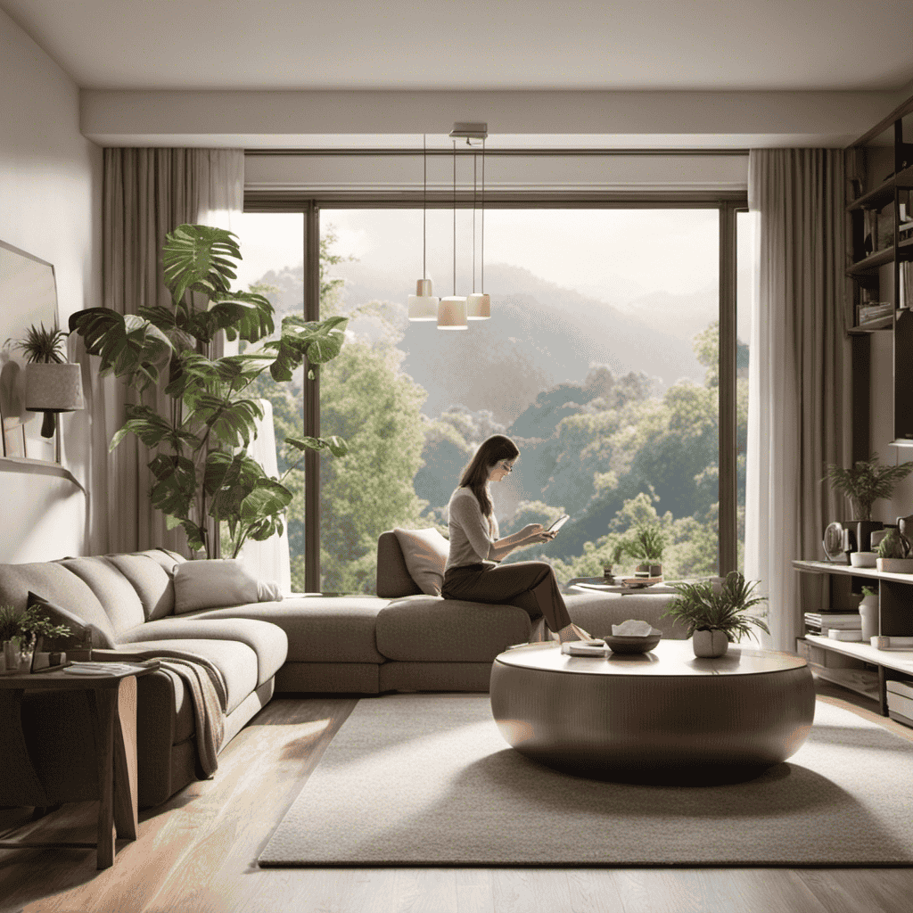 An image showcasing a person in a well-lit living room, comparing different air purifiers with varying features and prices, while holding a calculator and contemplating their decision