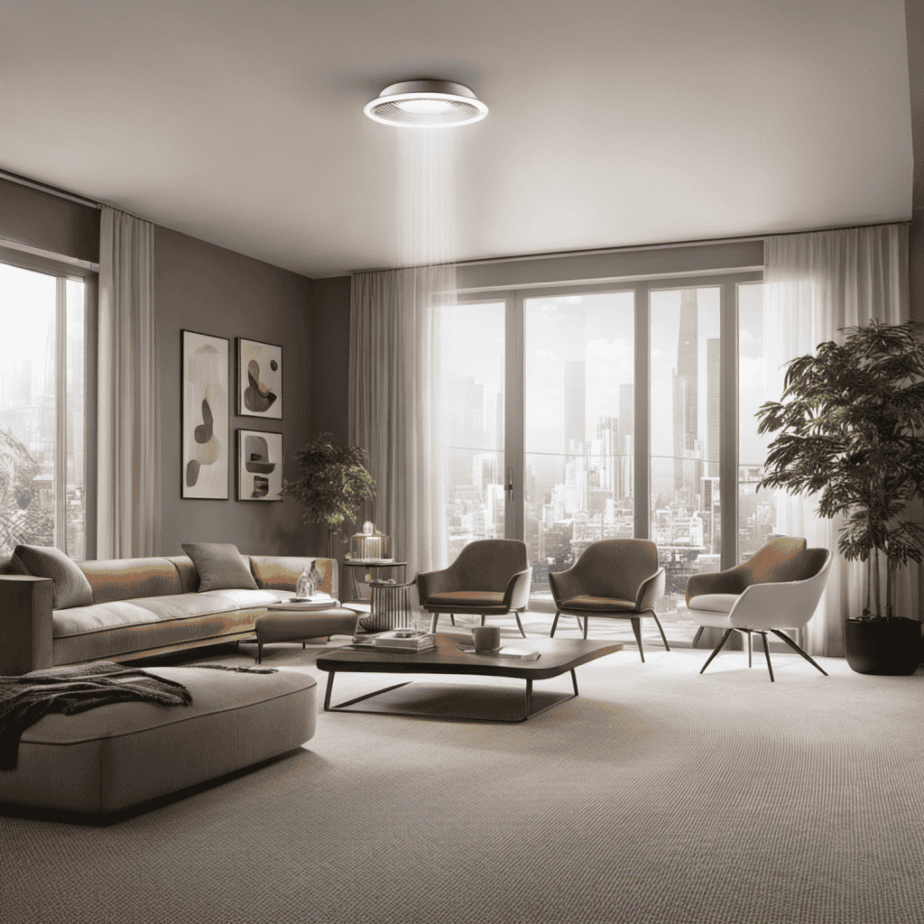An image depicting a spacious room with floating dust particles illuminated by a gleaming air purifier
