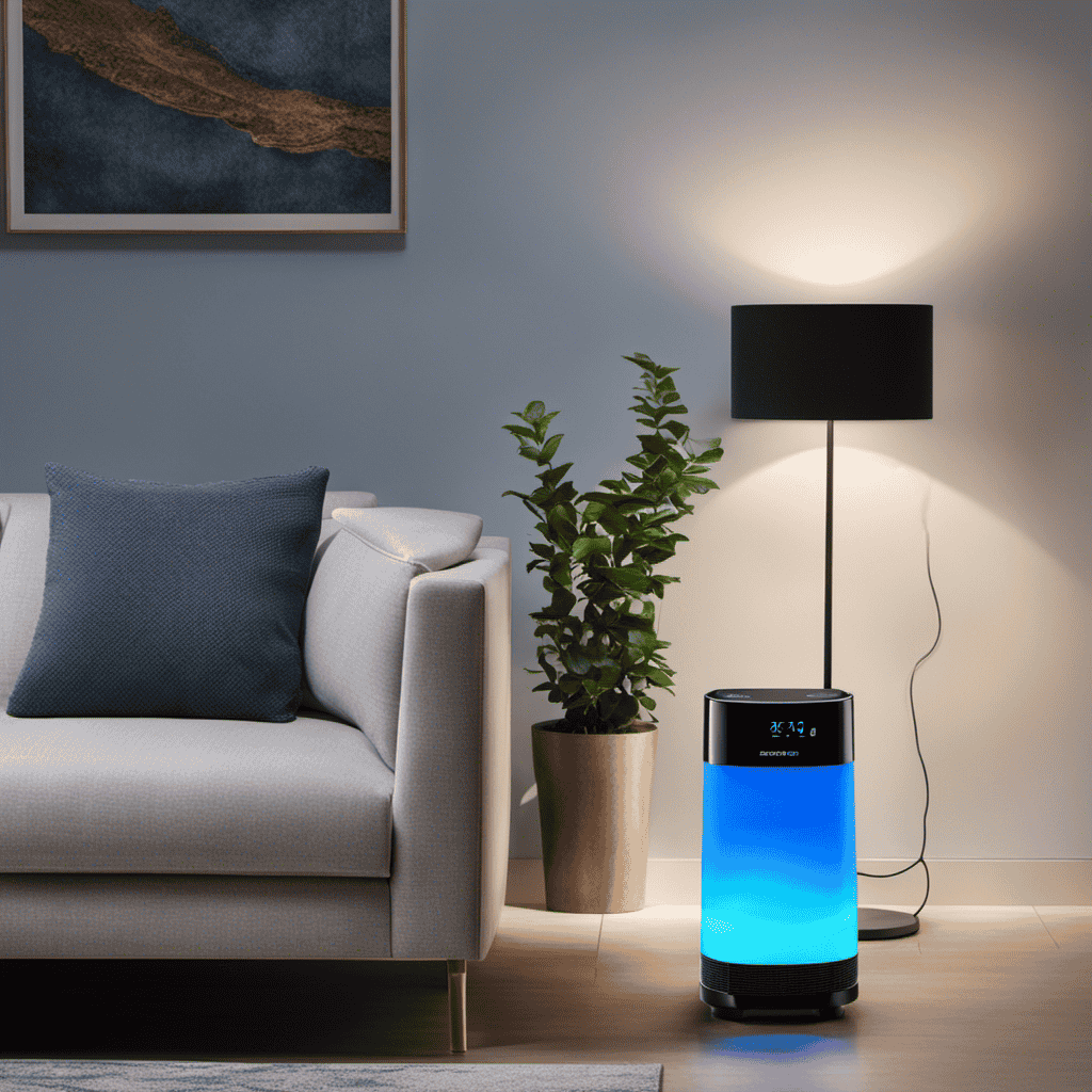 An image showcasing a serene living room with a Blue Air Purifier placed on a side table, emitting a soft blue glow