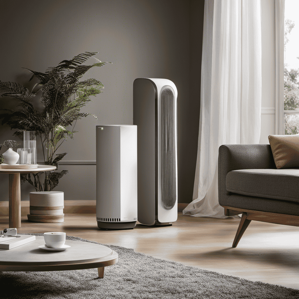An image showcasing an air purifier operating in a modern living room
