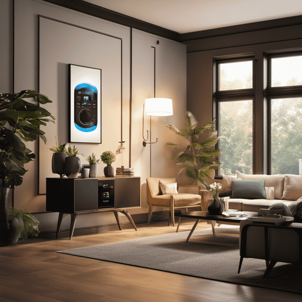 An image illustrating a cozy living room with an air purifier plugged into an outlet, showcasing an animated electric meter spinning rapidly, depicting the potential increase in electricity consumption and its impact on the bill