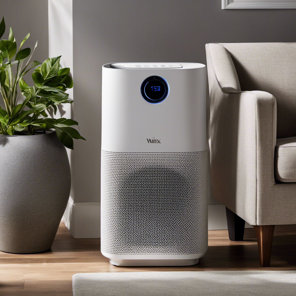 An image that showcases the peaceful atmosphere of a room with the Winix P300 Air Purifier in action, capturing the absence of noise through a serene setting with muted colors and a contented individual engaged in a noise-free activity