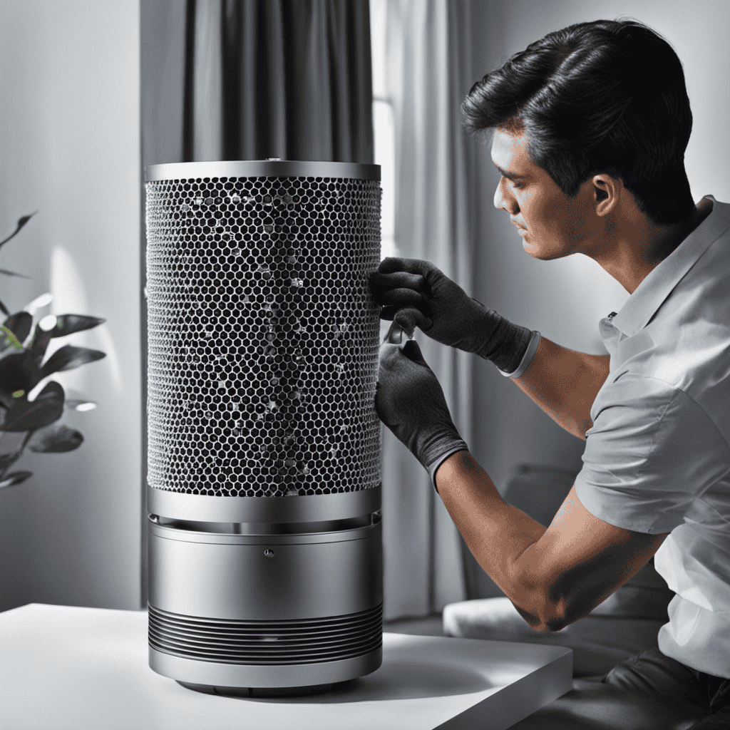 An image showcasing a clean and new Dyson air purifier filter being replaced by a person wearing gloves, with particles of dust visible in the old filter, emphasizing the importance of regular filter changes