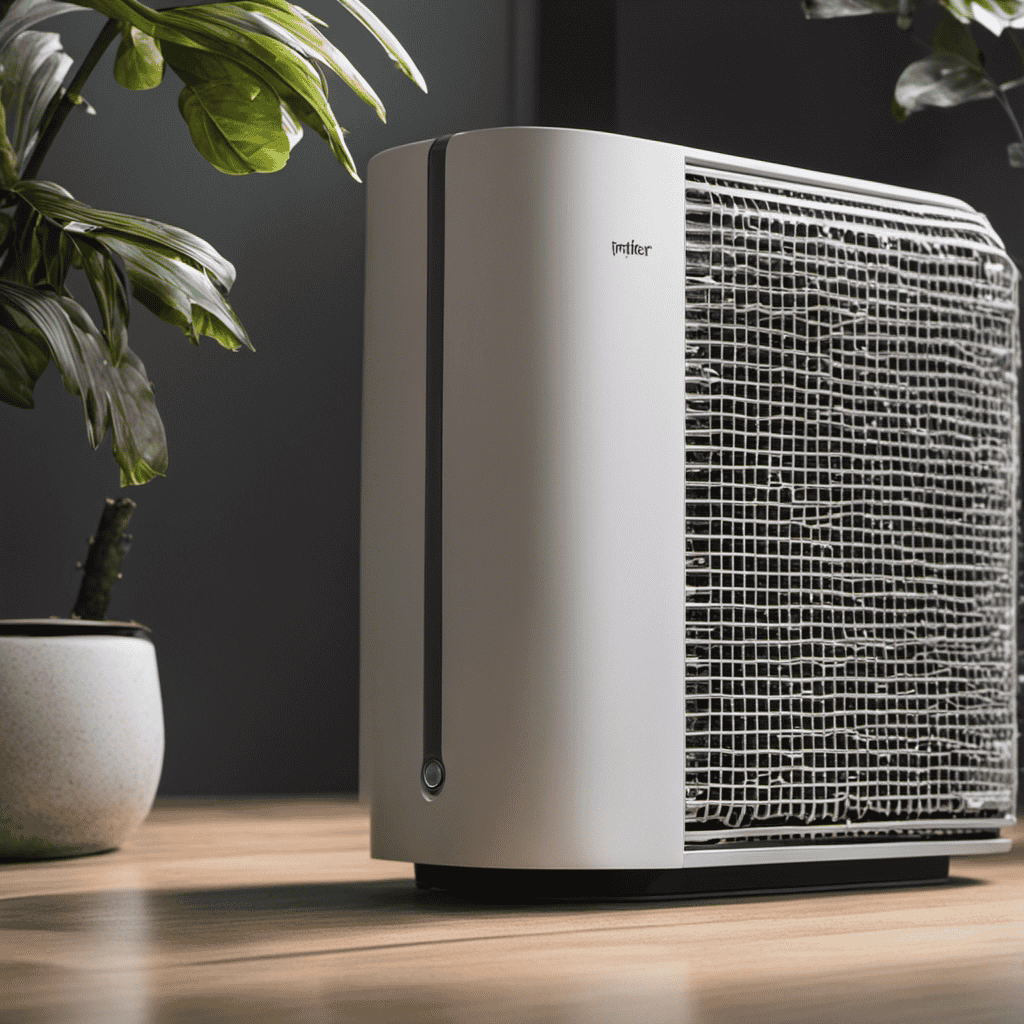 An image showcasing an air purifier with a clean, fresh filter on one side, and a dirty, clogged filter on the other side