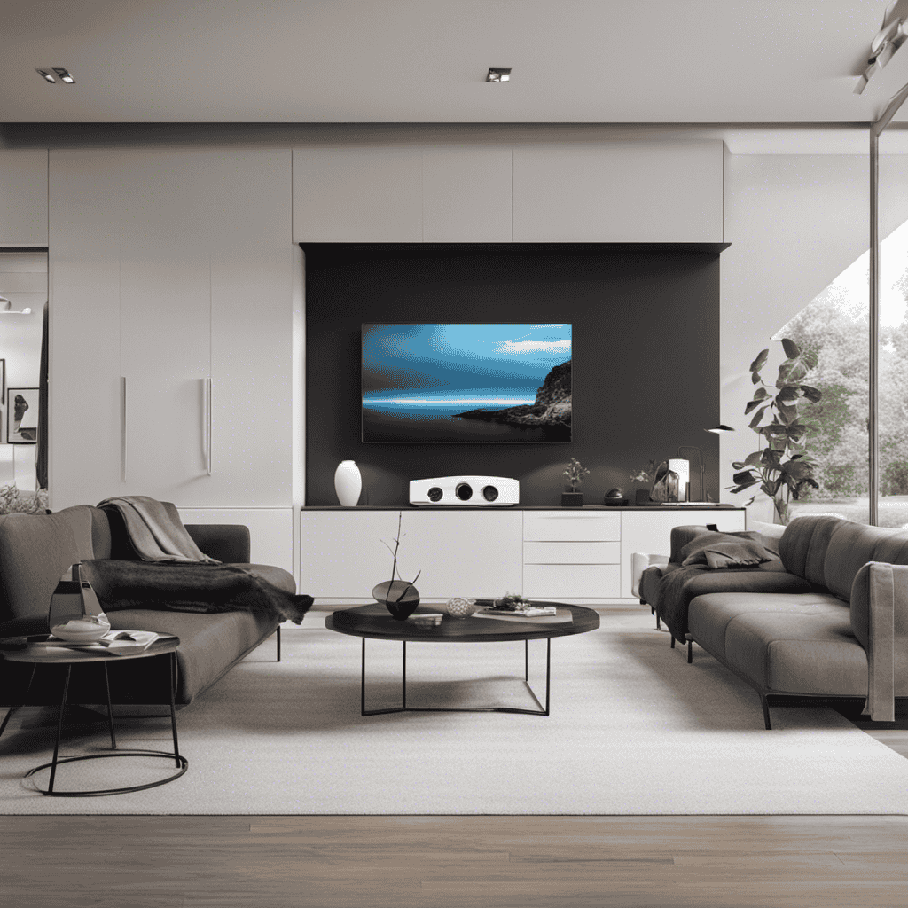 An image showcasing a clean, modern living room with an air purifier in the corner