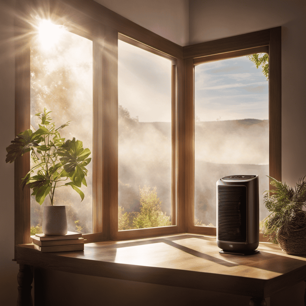 An image showcasing an open window with sunlight streaming in, revealing a gleaming air purifier placed on a table nearby