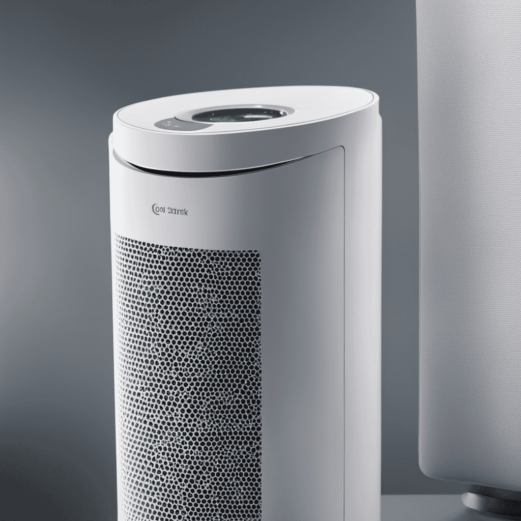 An image capturing a close-up of an air purifier with a clean, fresh filter on one side and a dirty, clogged filter on the other side
