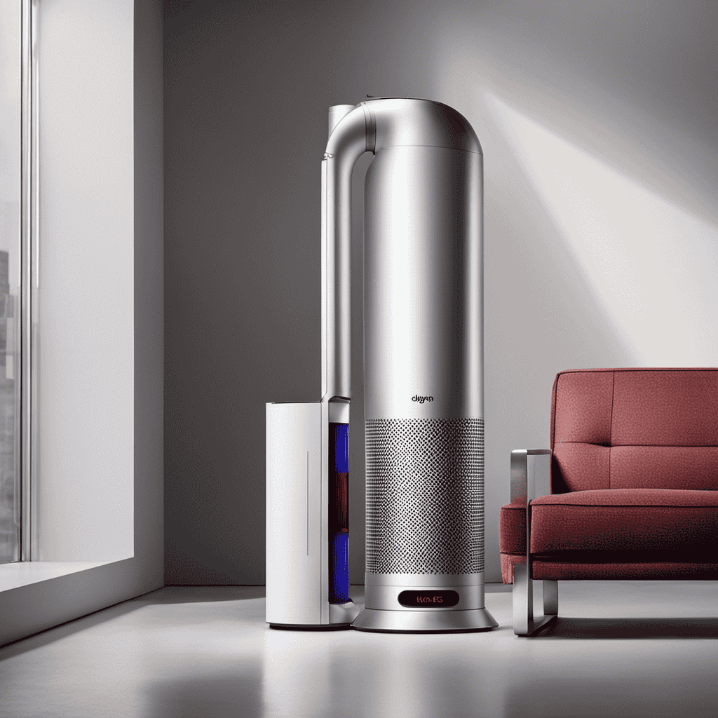 An image showcasing a well-used Dyson Air Purifier with a layer of dust on its sleek white surface, placed in a modern living room setting