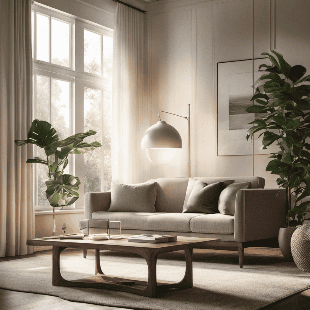 An image showcasing a serene living room with an air purifier gracefully placed on a side table