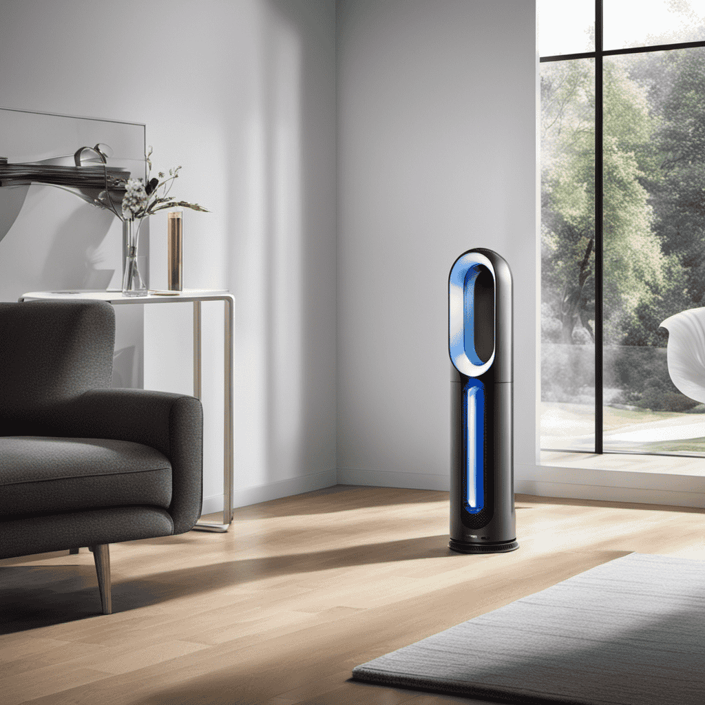 An image showcasing a pristine Dyson air purifier with a filter gauge revealing the gradual accumulation of dirt and dust particles