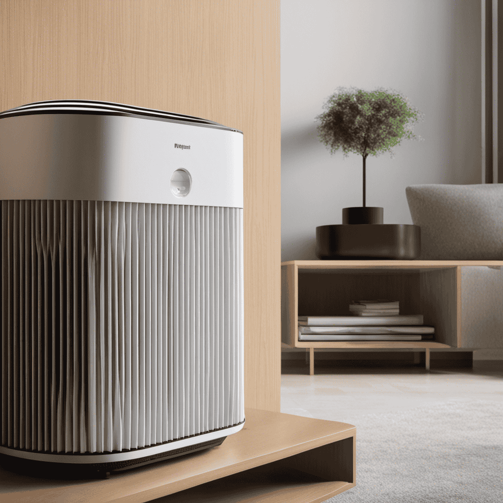 An image depicting an air purifier with a clean filter on one side and a dirty, clogged filter on the other