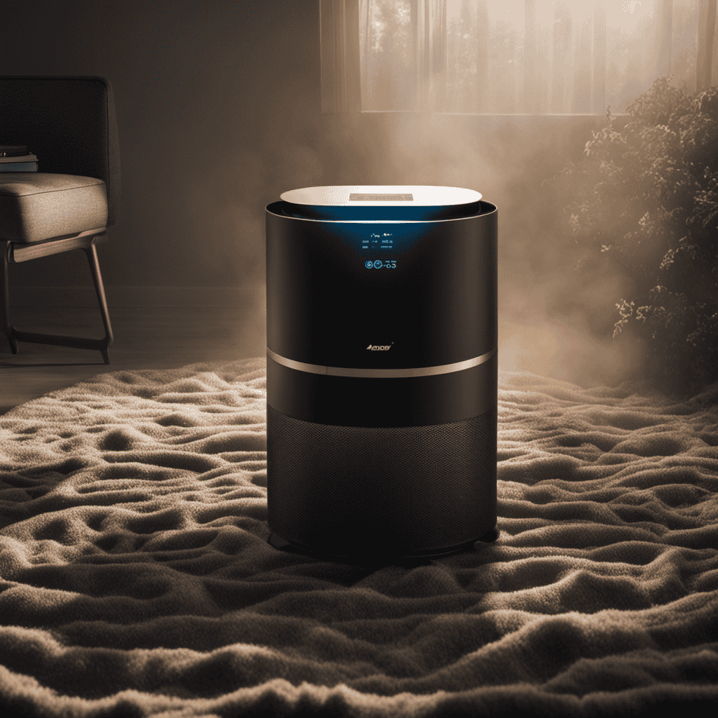 An image showcasing an air purifier covered in a thick layer of dust, surrounded by particles floating in the air