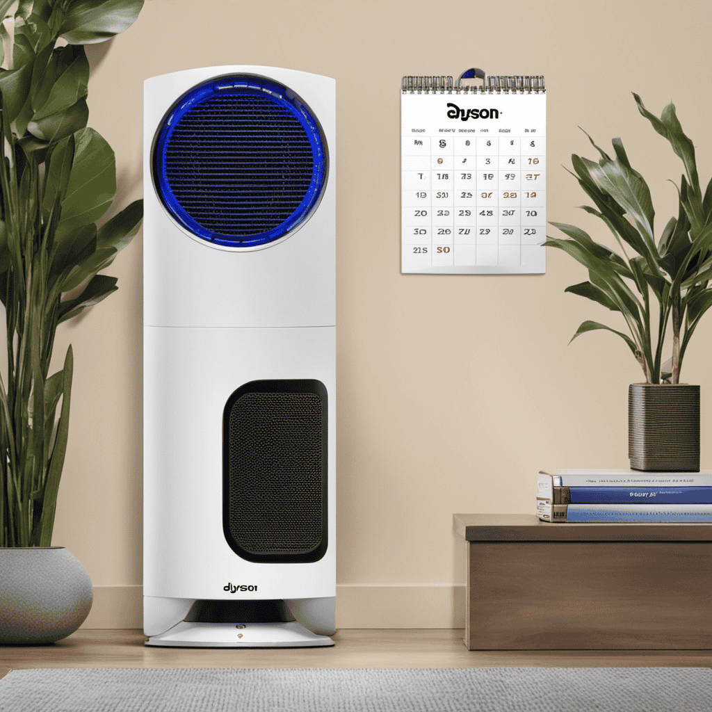 An image depicting a pristine Dyson Air Purifier filter next to a calendar with a monthly cycle marked, emphasizing the importance of replacing the filter regularly
