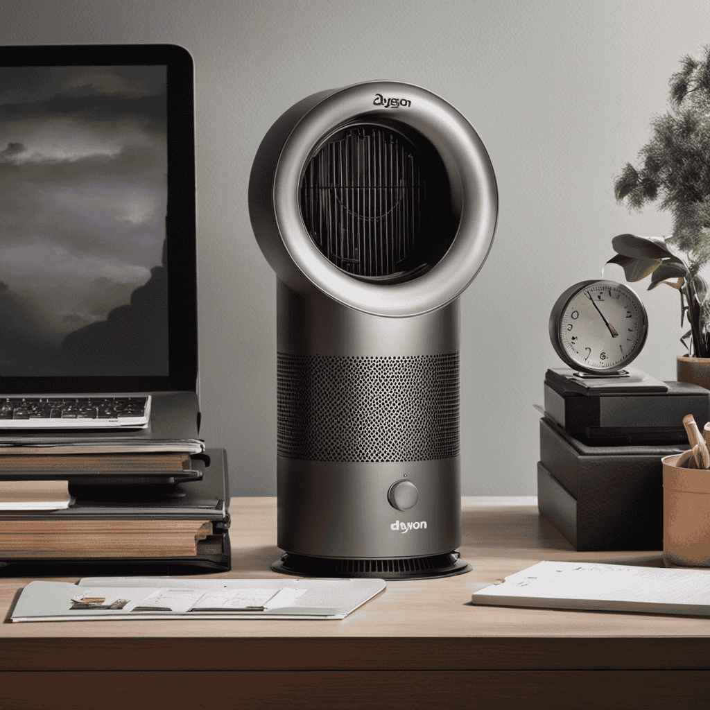 An image of a well-worn Dyson Desk Air Purifier placed on a cluttered desk, surrounded by a calendar marked with frequent replacement dates, indicating the importance of regularly replacing the device for optimal air purification