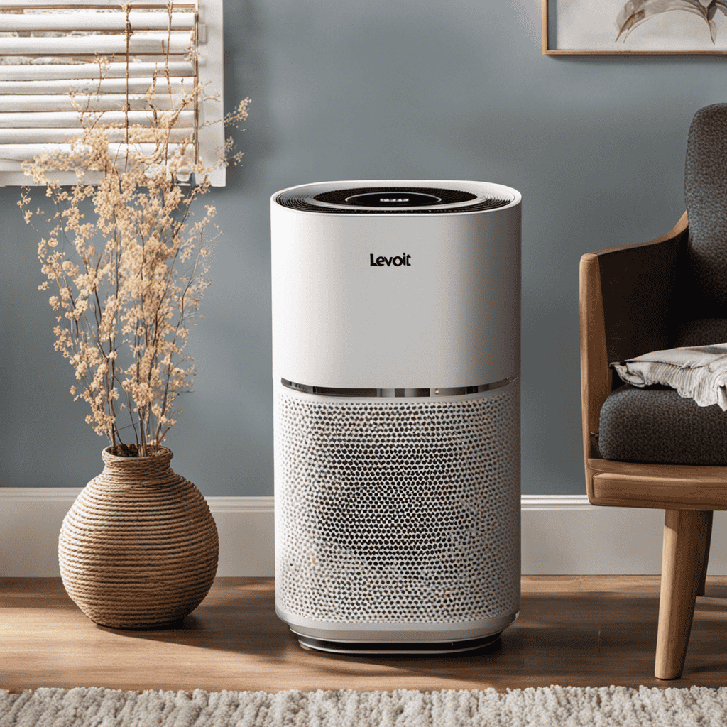 An image showcasing a Levoit Air Purifier with a fresh, clean filter beside it, while another filter covered in dust and debris is being replaced