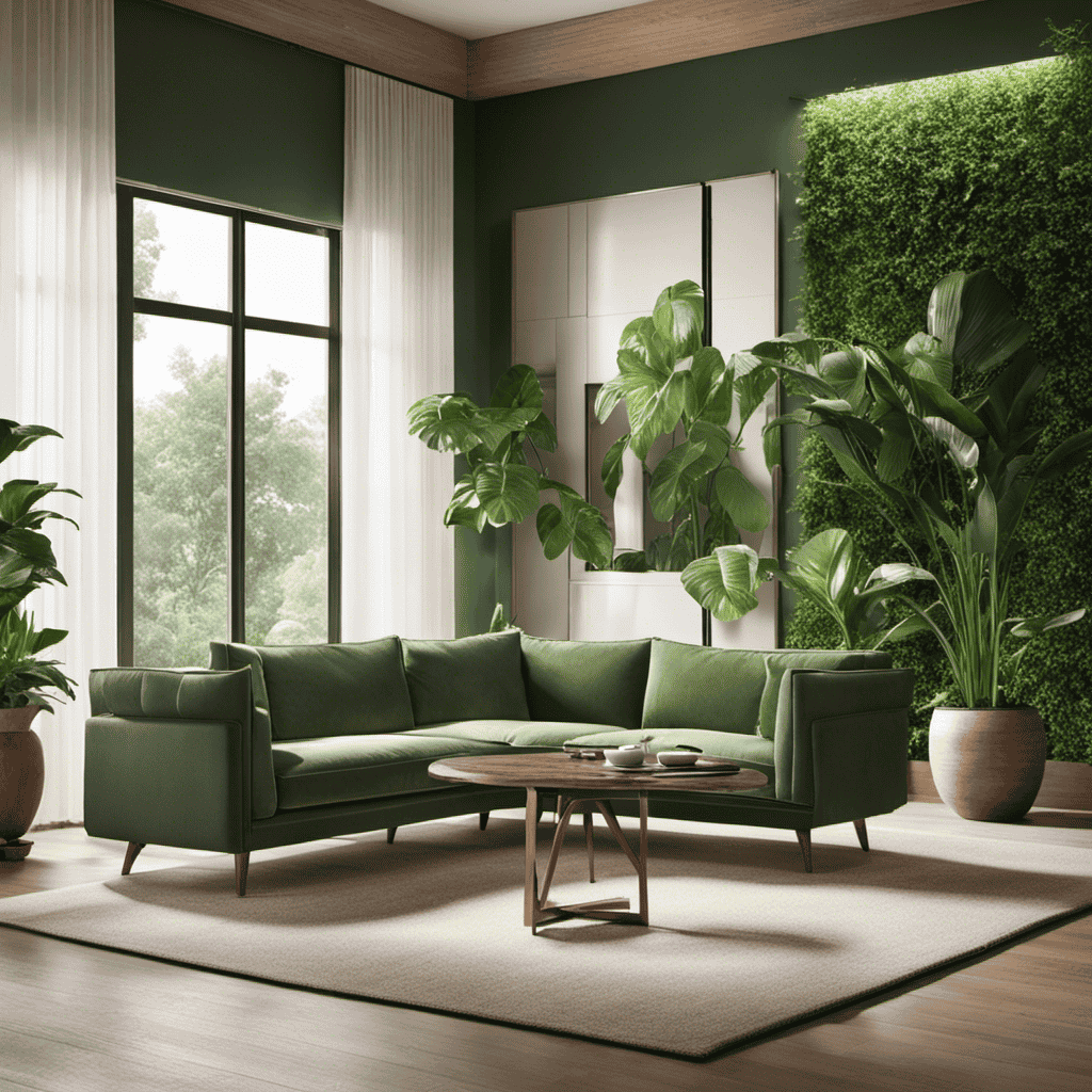 An image that showcases a serene living room with an air purifier placed near an open window, surrounded by lush green plants
