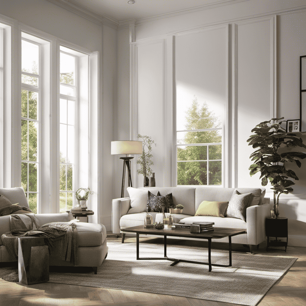 An image showcasing a serene living room with sunlight gently streaming through clean windows, while an air purifier quietly hums in the corner, dispersing purified air and capturing airborne particles