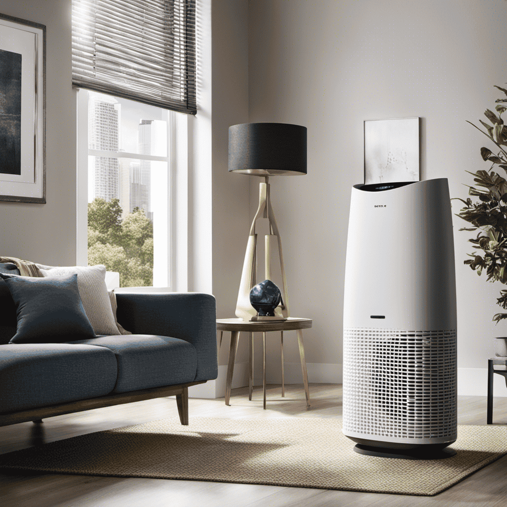 An image showcasing a modern, sleek air purifier with a HEPA filter in a living room