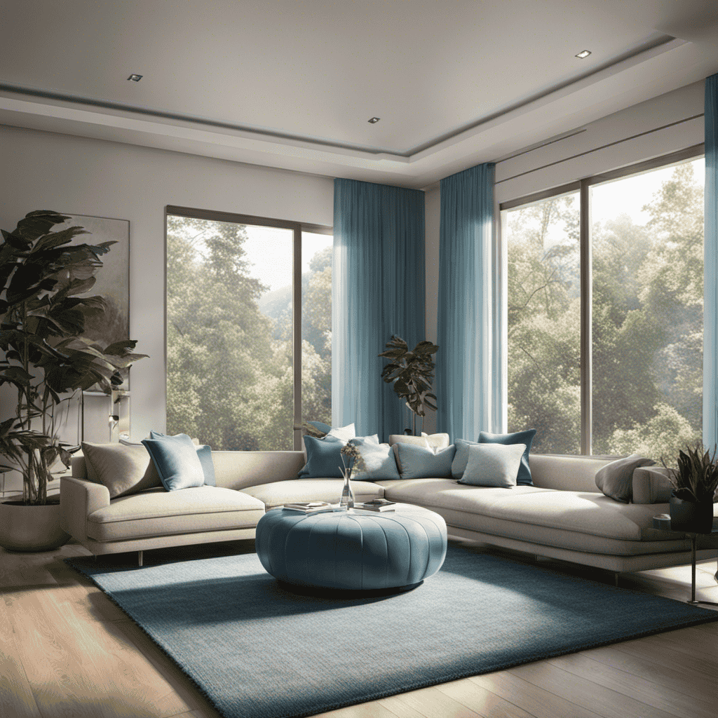 An image showcasing a cozy living room with a sleek air purifier in the corner, gently emitting a soft blue glow