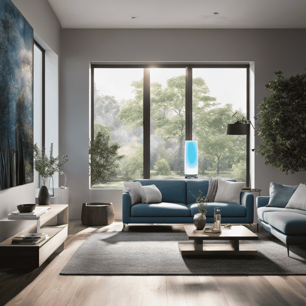 An image featuring a modern living room with an air purifier placed on a side table near an open window