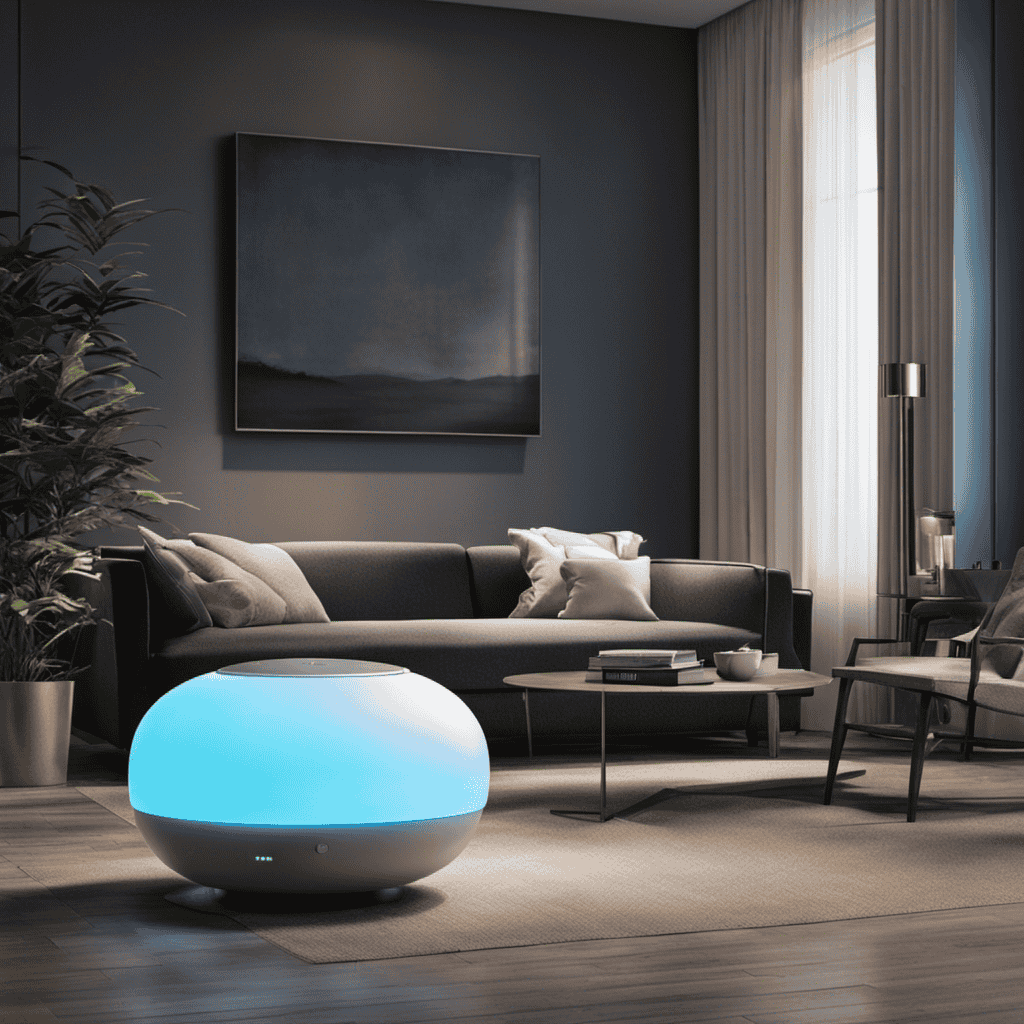 An image showcasing a serene living room with an air purifier in operation, emanating a soft blue glow
