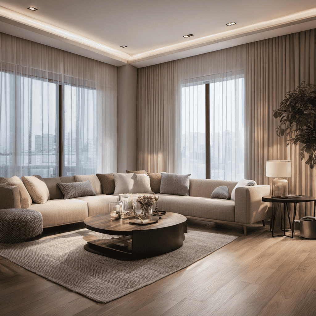 An image showcasing an inviting living room with an air purifier seamlessly blending into the decor