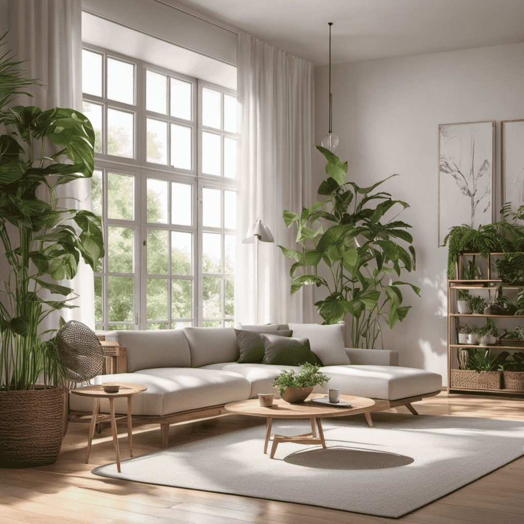 An image showcasing a serene living room with an air purifier quietly operating in the corner, surrounded by fresh plants