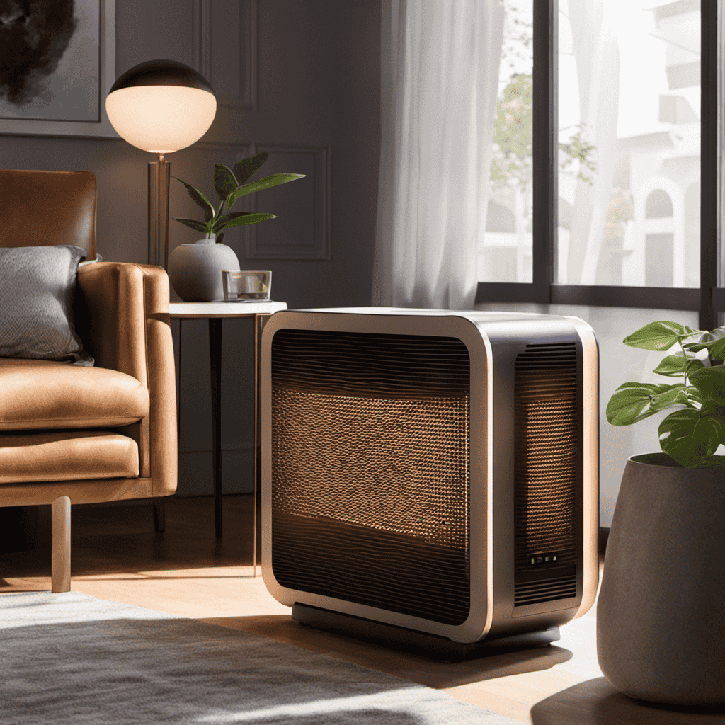 An image with a cozy living room setting, showcasing an air purifier discreetly placed on a side table