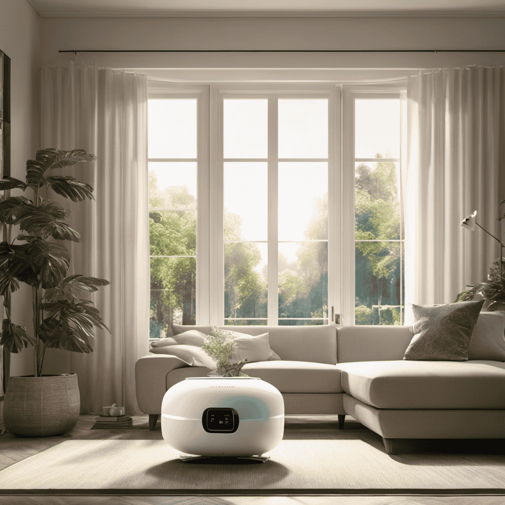 An image depicting a serene living room with an air purifier placed near an open window