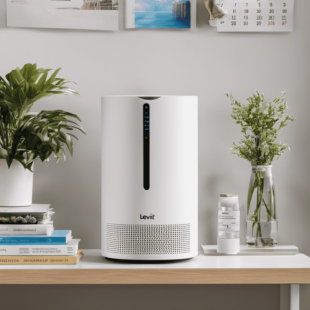 An image featuring a Levoit Air Purifier sitting on a shelf, surrounded by a calendar with various dates marked off