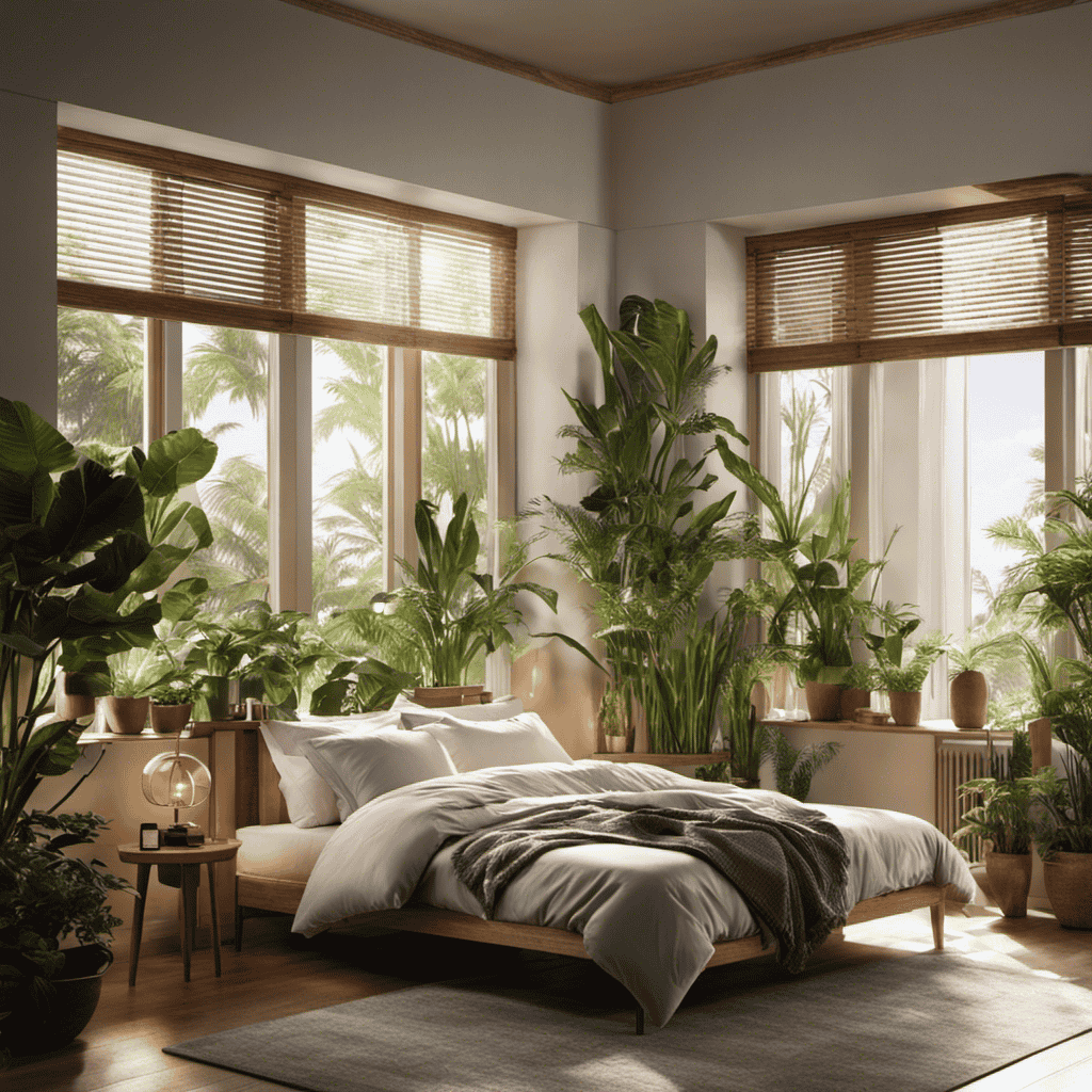 An image depicting a serene bedroom with a person using an air purifier while sleeping peacefully