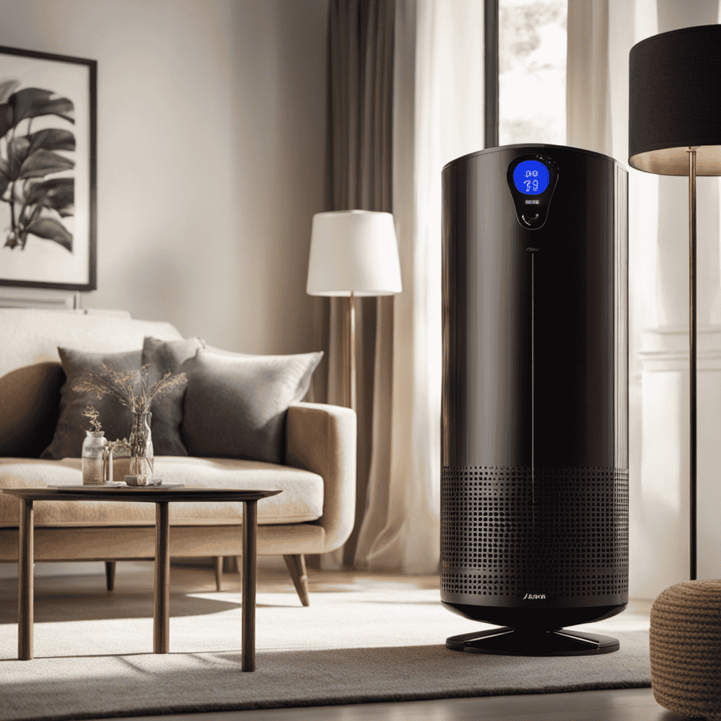 An image showcasing a serene living room with an air purifier softly humming in the background