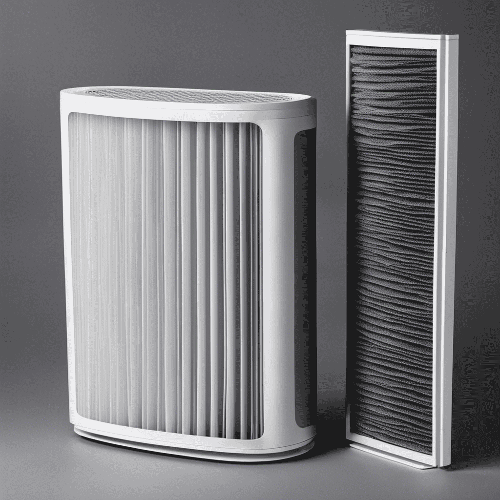 An image of a clean, white air purifier filter next to a dirty, grey filter