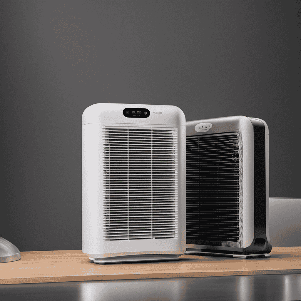 An image showcasing a clean, brand new air purifier filter contrasted with a dirty, clogged filter