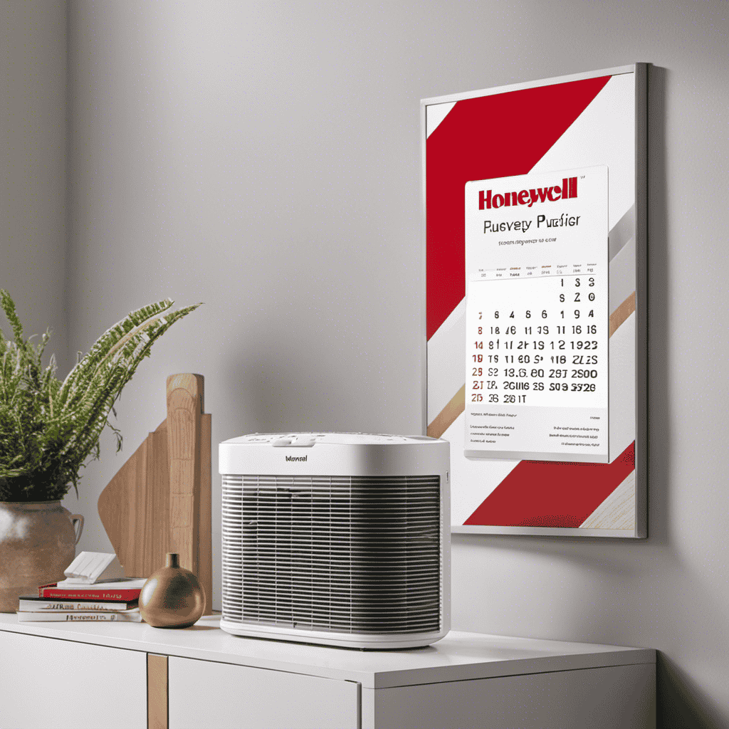 An image showcasing a clean, white Honeywell air purifier filter placed next to a calendar