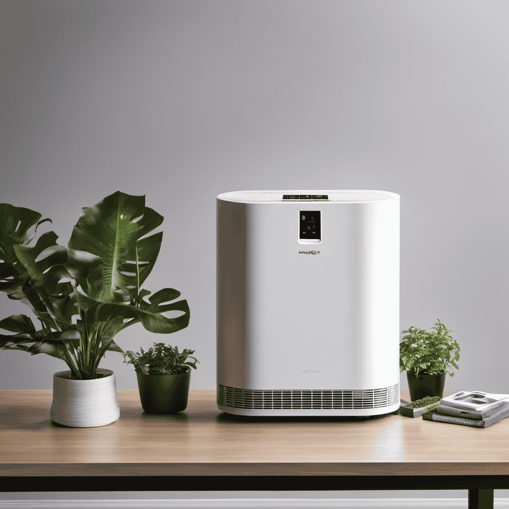 An image featuring a clean, white air purifier with a transparent front panel, revealing a dirty filter covered in dust, pet hair, and airborne particles