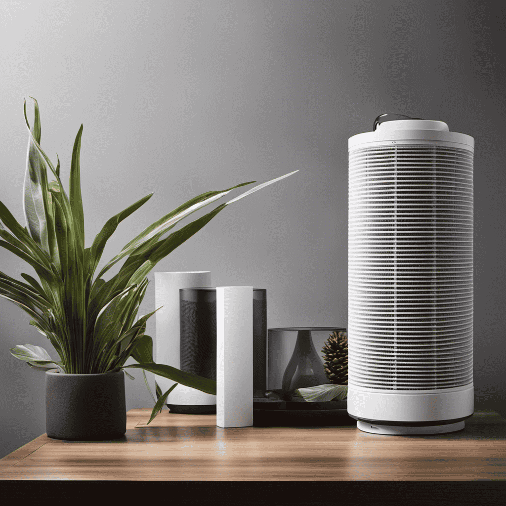 An image showcasing a brand new, pristine air purifier filter next to a heavily clogged, dust-filled filter