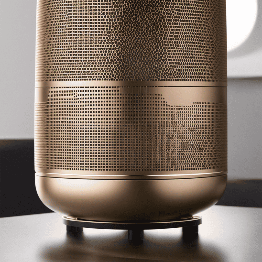 An image showcasing a gleaming air purifier, surrounded by a cloud of dust particles