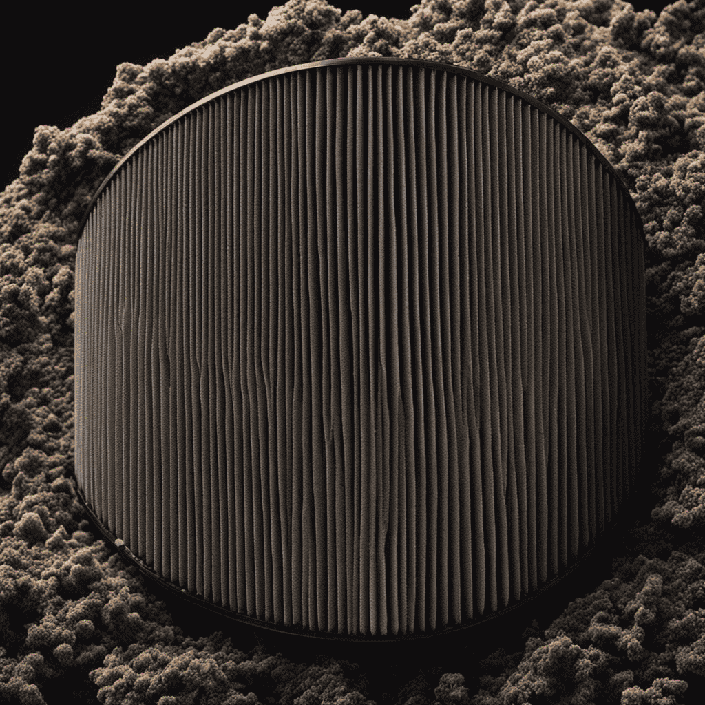 An image showcasing a close-up of a purifier air filter covered in layers of dust and debris, signaling the need for replacement