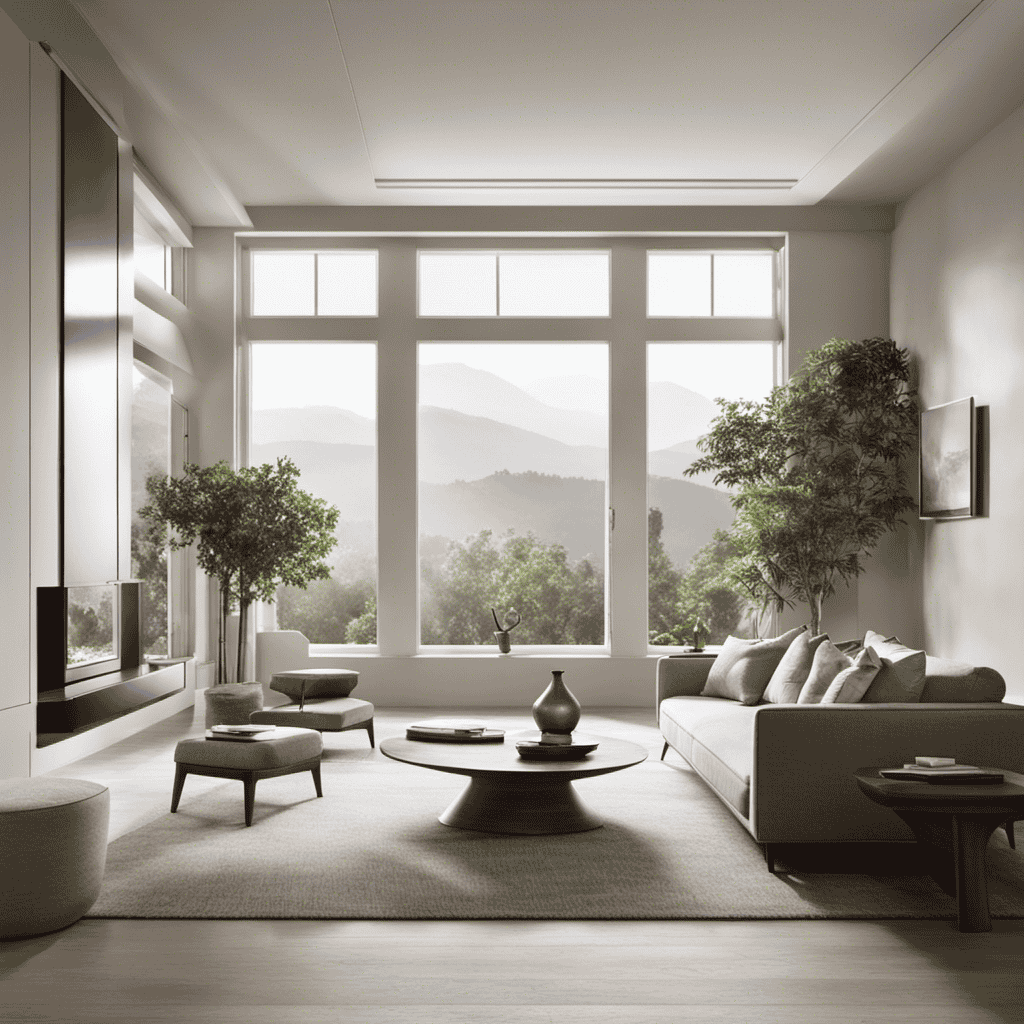 An image capturing a serene living room enveloped in a soft haze, with an air purifier placed strategically near a window, subtly filtering out impurities, symbolizing the perfect balance of freshness and tranquility