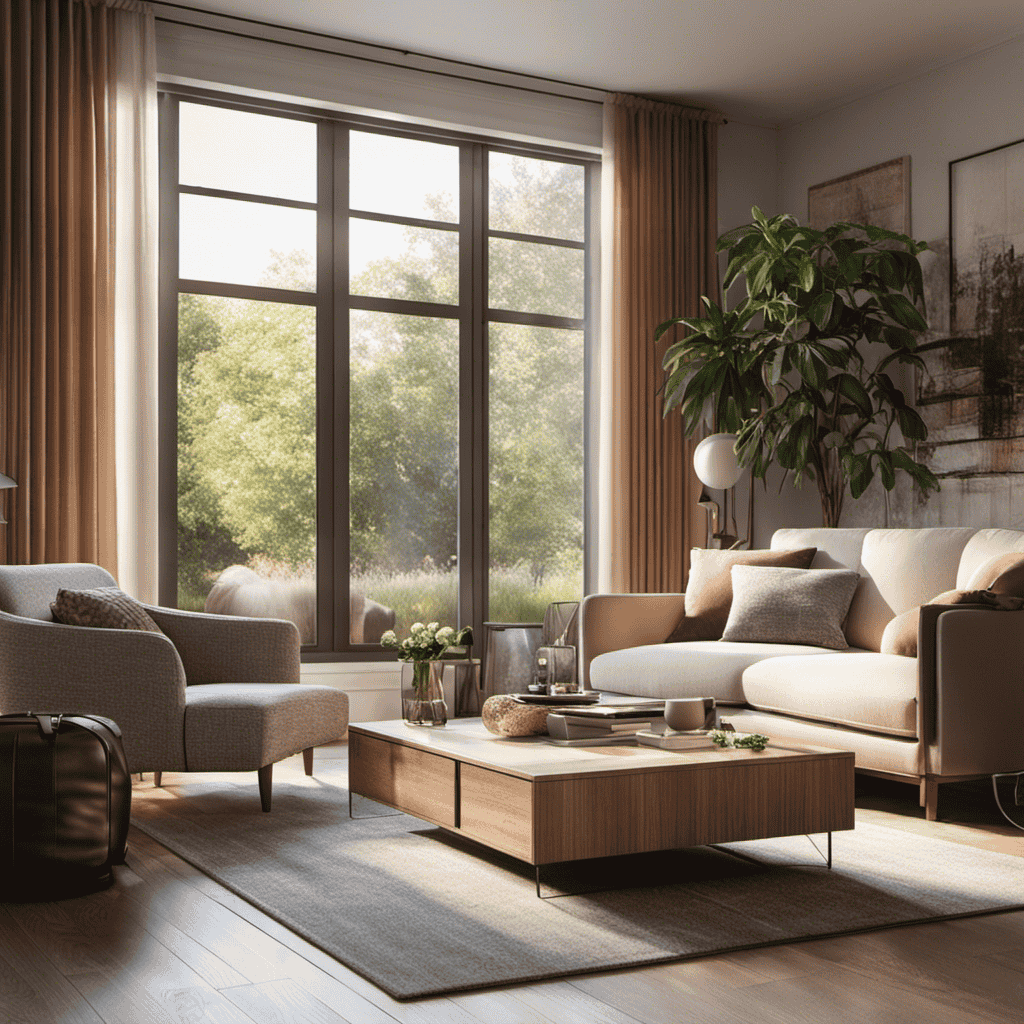 An image showcasing a cozy living room with an air purifier discreetly placed on a side table