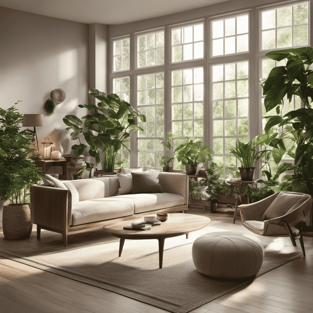 An image of a serene living room with an air purifier quietly humming in the corner