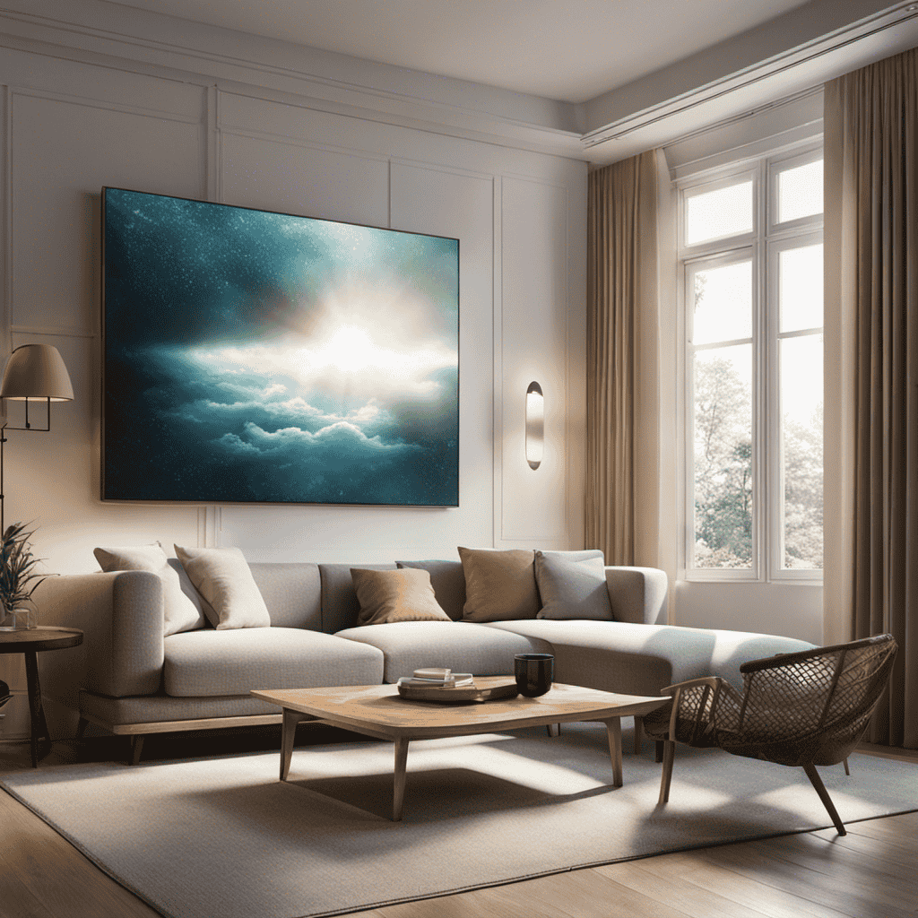 An image depicting a serene living room with an air purifier placed near an open window, showcasing sunlight streaming in and capturing the gentle motion of air particles being purified