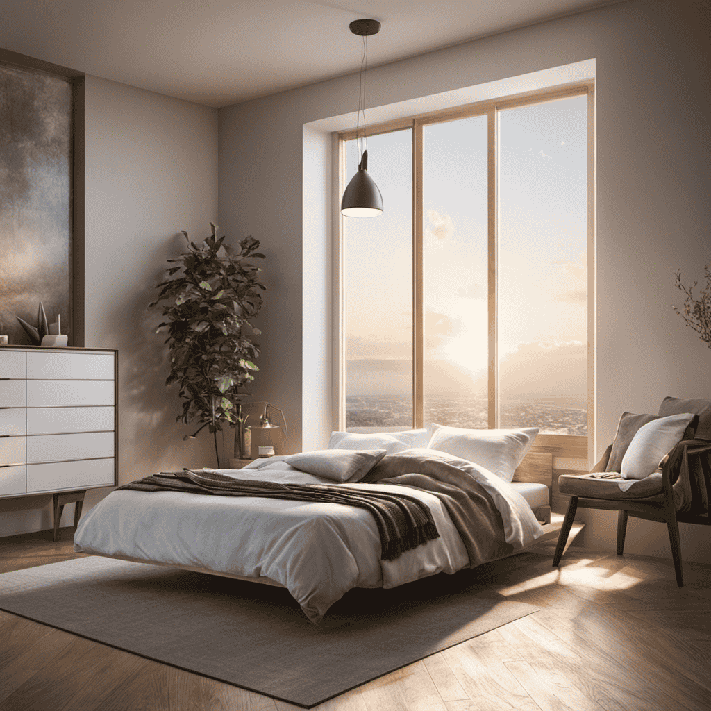 An image showcasing a serene bedroom at dusk, with soft rays of sunlight filtering through a slightly opened window