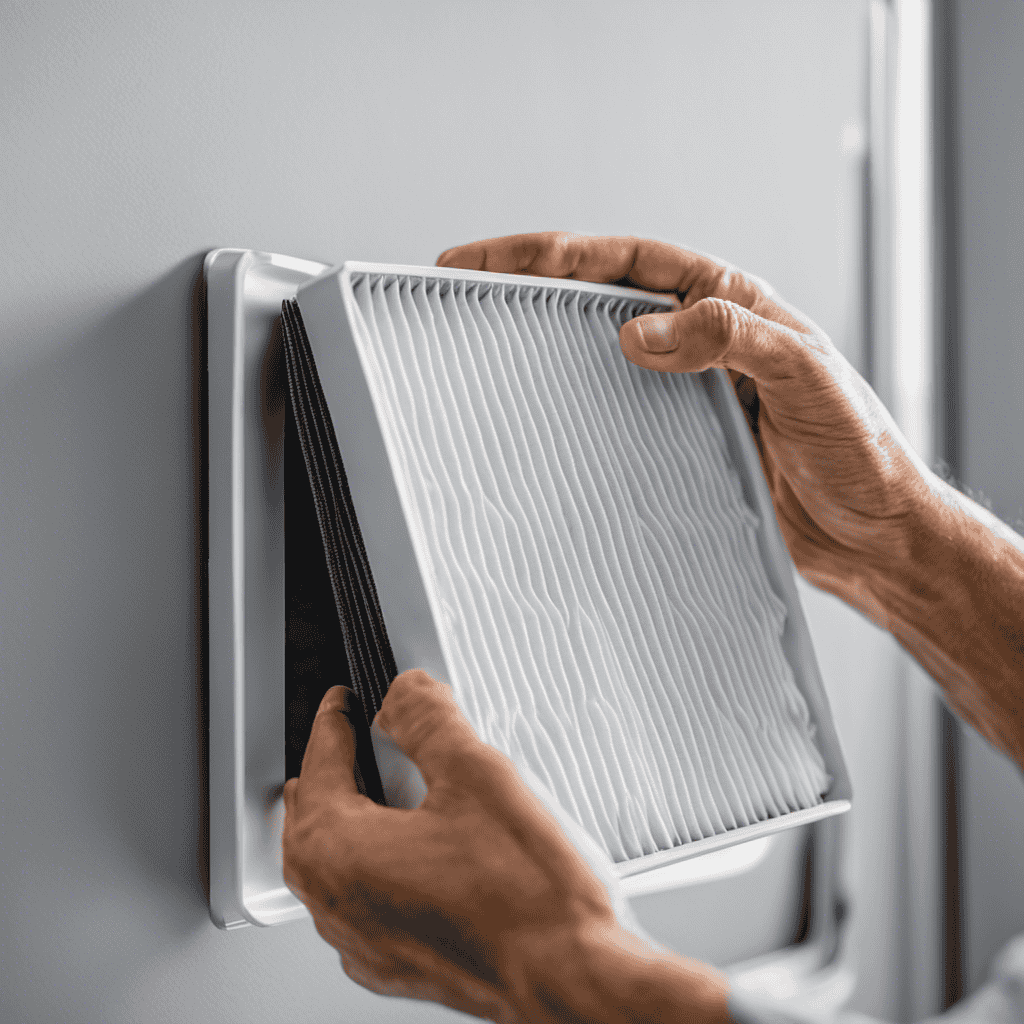 -up image of a clean, white cabin air filter being replaced by a pair of gloved hands, against a backdrop of a room air purifier