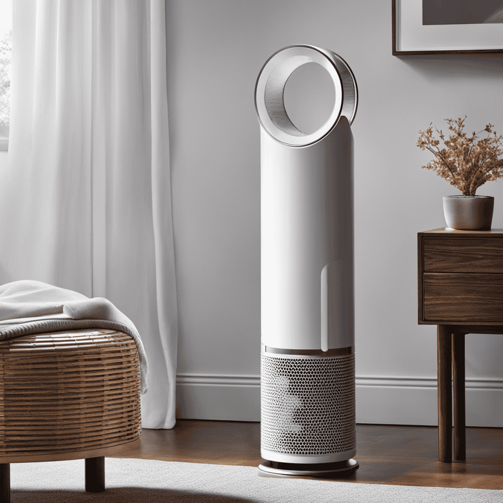 An image that showcases a clean, white Dyson Air Purifier HP01 with a transparent filter compartment, revealing a fully saturated and dirty filter, emphasizing the importance of regular filter changes